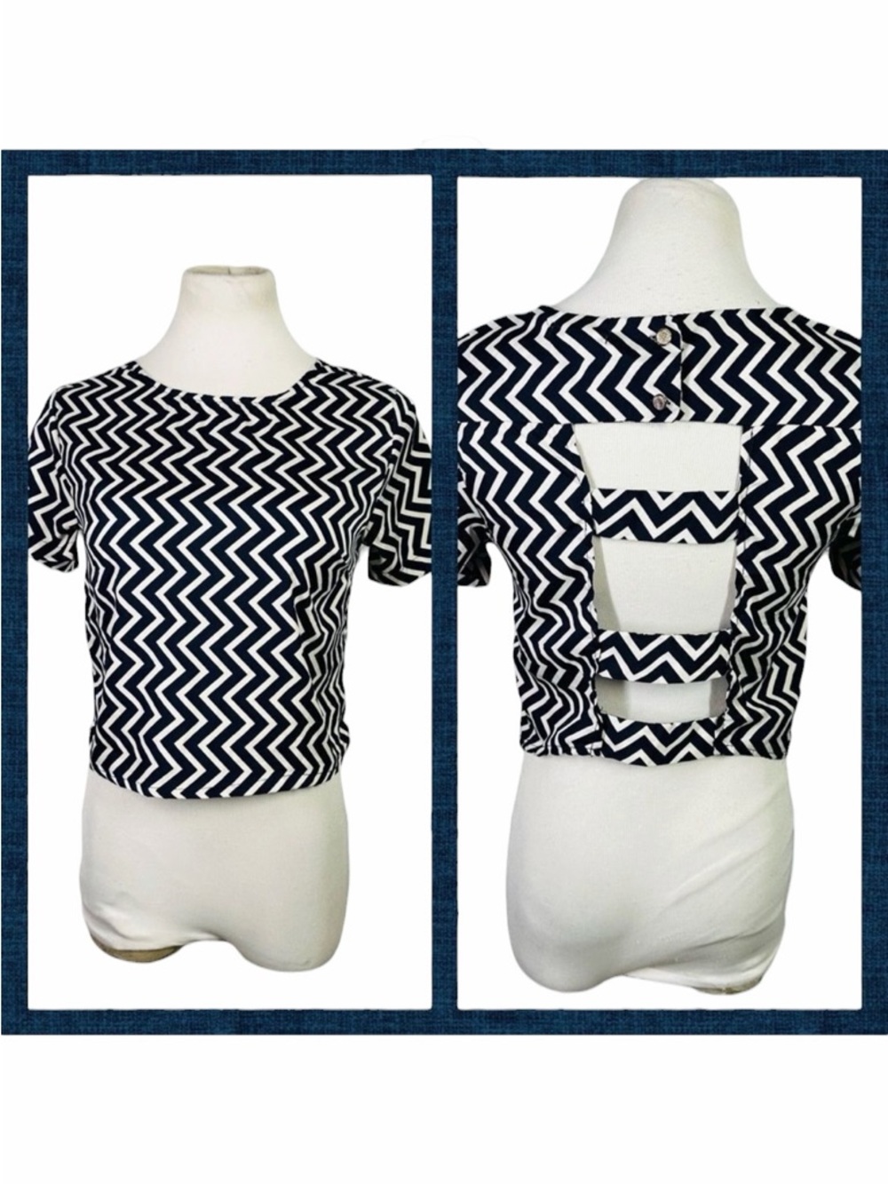 10/$25🦋 Tramp Navy & White Chevron Open Back Cropped Tee - Size Small
